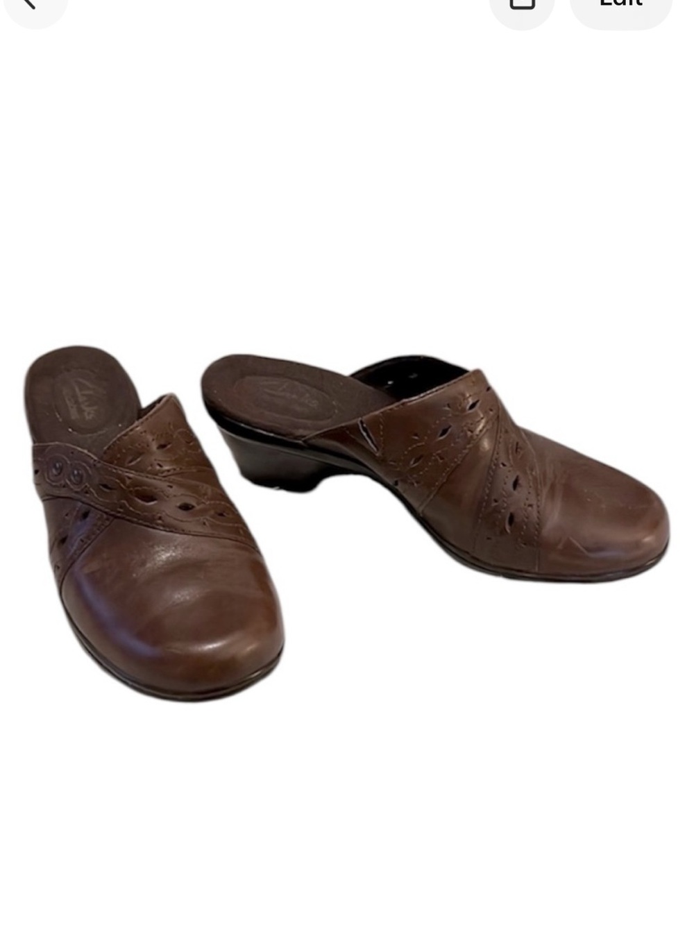 Clarks Woman’s Brown Distressed Leather Perforated Neutral Mule Clogs Shoes 8.5